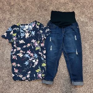 Large Maternity Floral Top and Distressed Jeans Set